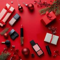 Holiday makeup collection displayed on a vibrant red background with festive decorations photo