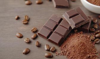 Rich chocolate and coffee arrangement on wooden surface with cocoa powder and beans photo