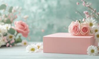 Beautiful floral arrangement in pink box highlighting roses, daisies, and other blooms photo