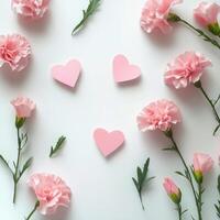 Creatively arranged pink flowers and hearts for a festive celebration photo