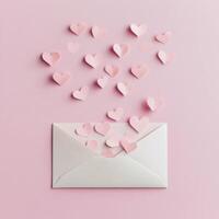 Hearts flying out of an envelope on a pink background in a creative celebration of love photo
