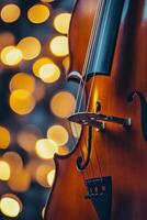 Beautiful wooden violin with soft bokeh lights in the background during a festive evening photo