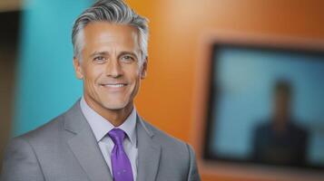 Confident professional man in gray suit with purple tie smiling in bright office environment photo