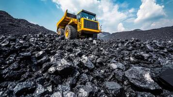Heavy machinery transports coal at a mining site under a clear blue sky photo