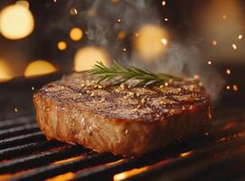 Grilled steak with rosemary garnishing over open flame in a kitchen setting photo