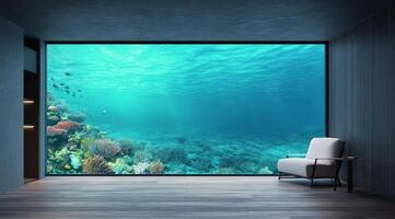 Modern interior with large aquarium view featuring vibrant coral reef and marine life photo