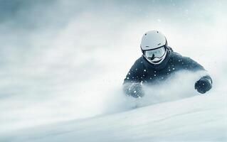 Exciting downhill skiing at a snowy mountain resort during a bright winter day photo