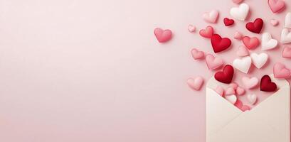 Colorful hearts spilling out of a pink envelope on a soft pastel background photo