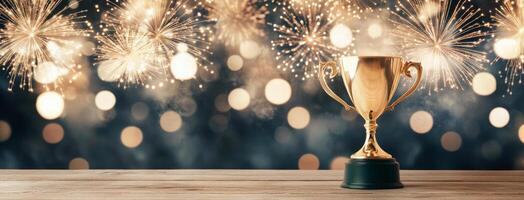 Celebration of achievement with a golden trophy surrounded by festive lights photo