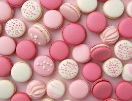 Colorful assortment of pink macarons displayed on a pastel background photo