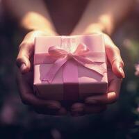 Delicate hands presenting a small pink gift box tied with a ribbon in soft lighting photo