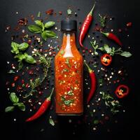 Spicy sauce bottle surrounded by fresh herbs and chili peppers on a dark background photo