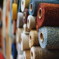 Variety of colorful rolls of carpet displayed in a home improvement store photo