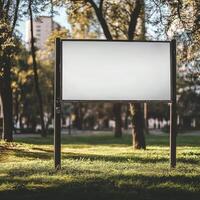 Blank advertising billboard surrounded by trees in a city park during daytime photo