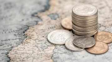 Currency coins stacked on a world map highlighting economic significance photo