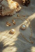 Elegant gold jewelry with pearls scattered on sandy beach near seashell at sunset photo