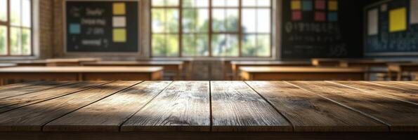 Classroom interior with wooden desks and sunlight streaming through windows in the morning photo