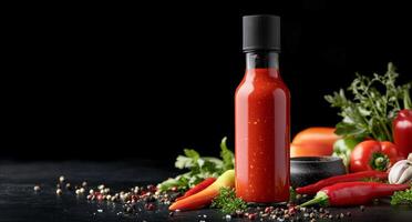 Colorful assortment of fresh ingredients and hot sauce on a dark surface in a kitchen setting photo