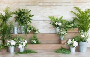 Decorative arrangement of potted plants and flowers on wooden backdrop in indoor setting photo