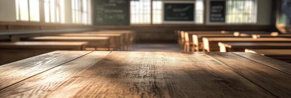 Classroom interior with wooden desks and sunlight streaming through windows in the morning photo
