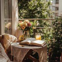 Cozy balcony corner with a book, flowers, and refreshing drink during a sunny afternoon photo