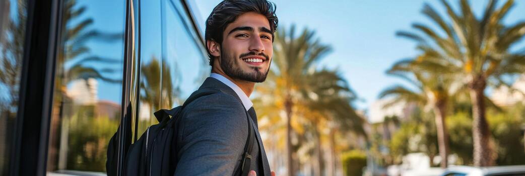 Smiling young man wearing suit stands near bus under palm trees during sunny day photo