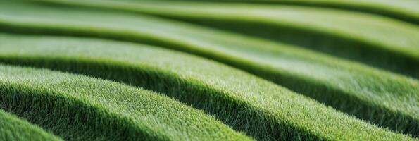 Lush green field with gentle waves of grass under clear blue sky during sunny daytime photo