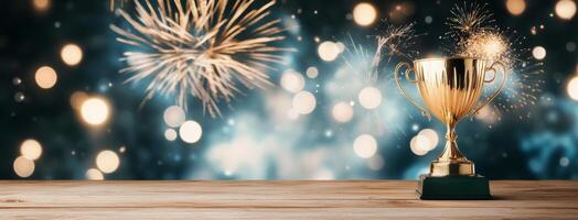 Celebration of achievement with a golden trophy surrounded by festive lights photo