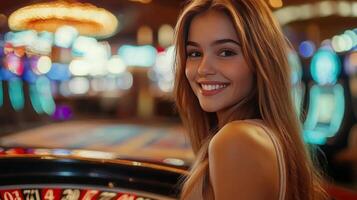 Smiling woman poses confidently near roulette wheel in a vibrant casino setting at night photo
