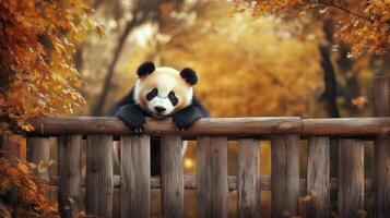 Panda resting on a wooden fence in a vibrant autumn forest with golden leaves photo