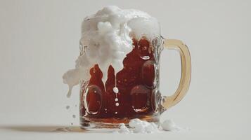 Refreshing beer overflowing from a glass mug with frothy bubbles on a neutral background photo