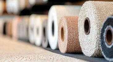 Collection of colorful fabric rolls arranged neatly in a textile store showcasing material variety photo
