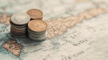 Currency coins stacked on a world map highlighting economic significance photo