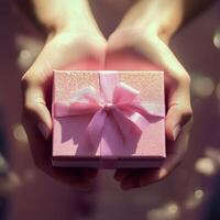 Delicate hands presenting a small pink gift box tied with a ribbon in soft lighting photo