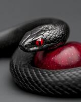 Snake coiling around a red ball in a close up view with vibrant colors and textures photo