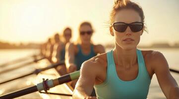 Rowers practice on a calm lake during sunset for an upcoming competition photo