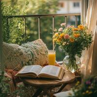 Cozy balcony corner with a book, flowers, and refreshing drink during a sunny afternoon photo