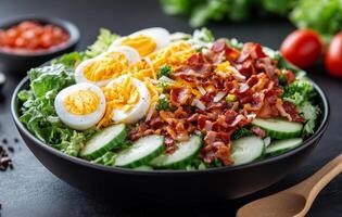 Fresh garden salad with boiled eggs and bacon on a dark table photo