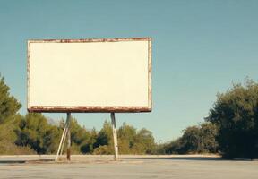 Blank billboard stands by winding road surrounded by lush greenery in bright daylight photo