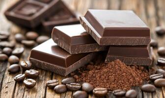 Rich chocolate and coffee arrangement on wooden surface with cocoa powder and beans photo