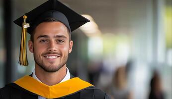Young man in graduation cap and gown smiles with pride in modern school hallway photo