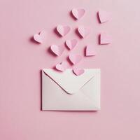 Hearts flying out of an envelope on a pink background in a creative celebration of love photo