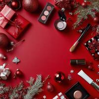 Holiday makeup collection displayed on a vibrant red background with festive decorations photo