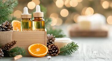 Aromatherapy setup with essential oils, natural ingredients and seasonal decorations on a table photo