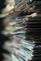 Close up view of stacked white paper sheets in an office workspace during daylight hours photo