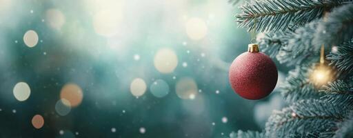 Bright red ornament hanging from a Christmas tree branch with soft bokeh lights in the background photo