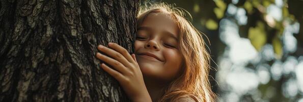 Child enjoys a peaceful moment embracing a tree in a sunlit park during a warm summer afternoon photo