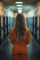 Woman in orange jumpsuit stands in empty prison corridor at dusk photo