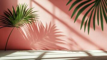 Soft green palm leaves cast shadows on a pastel pink wall in a bright indoor setting photo