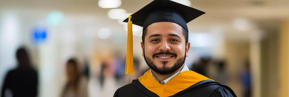 Young graduate smiles confidently in academic attire within bright campus hallway photo